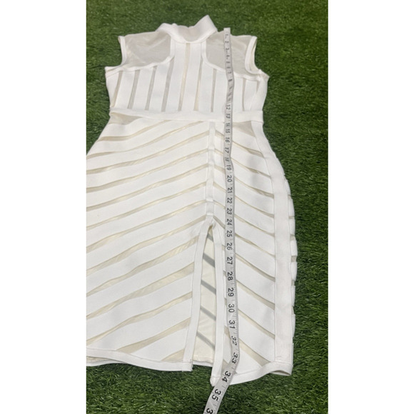 Kira Kira White Structured Mesh Panel Bodycon Dress Mock Neck Slit Bandage XS - Picture 6 of 9